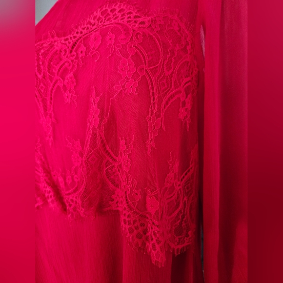 Lace Red Sheer Boxy Shaped Long Sleeved Floral Dress - Romantic Elegance - Picture 7 of 12